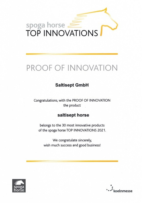 Zertifikat des Spoga Horse Top Innovations Wettbewerbs für Saltisept Horse